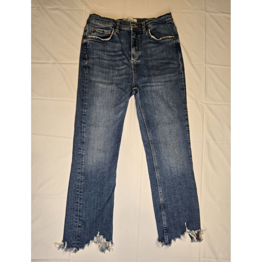 Zara The Bootcut Raw Ankle Hem Jeans Womens 8, Blue Distressed Stretch